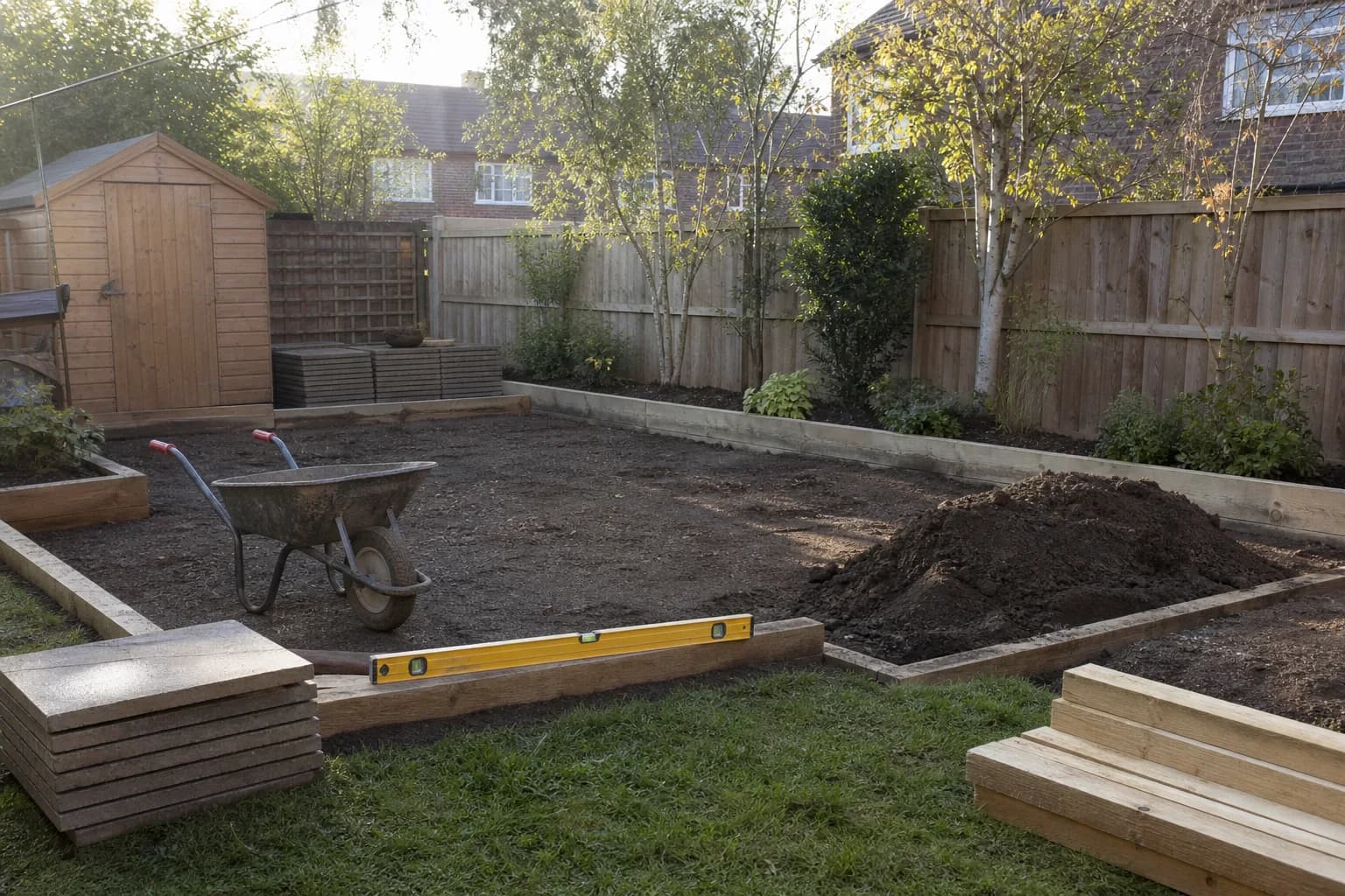 Landscaping tools and materials on a tidy garden work site in Waterlooville