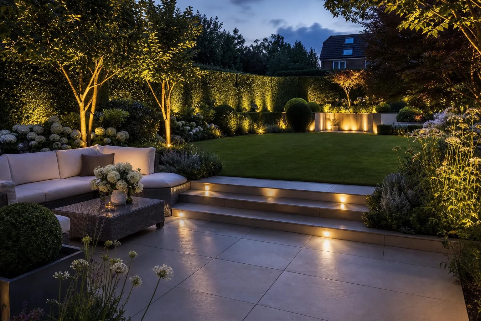 A finished garden transformation with patio, lighting and lawn at dusk